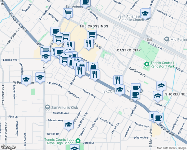 map of restaurants, bars, coffee shops, grocery stores, and more near 2320 West El Camino Real in Mountain View