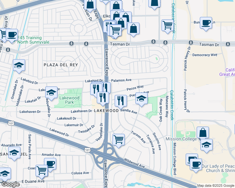 map of restaurants, bars, coffee shops, grocery stores, and more near 1102 Pecos Way in Sunnyvale
