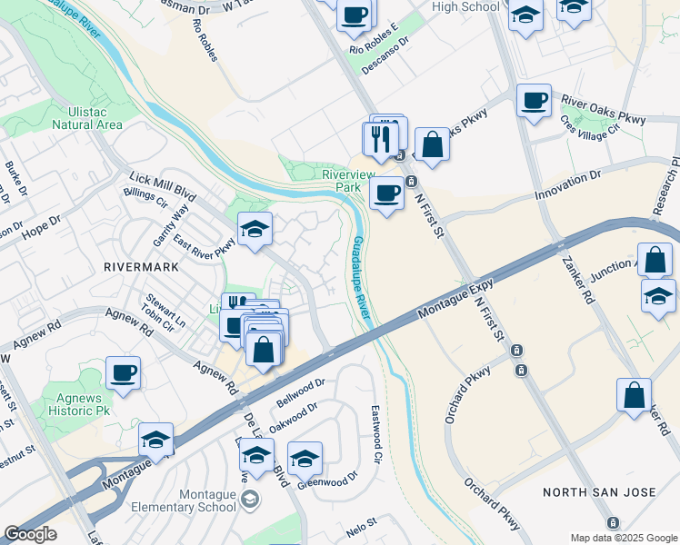 map of restaurants, bars, coffee shops, grocery stores, and more near 448 Oak Grove Drive in Santa Clara