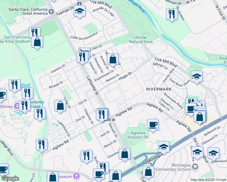 map of restaurants, bars, coffee shops, grocery stores, and more near 4506 Saint Palais Place in Santa Clara