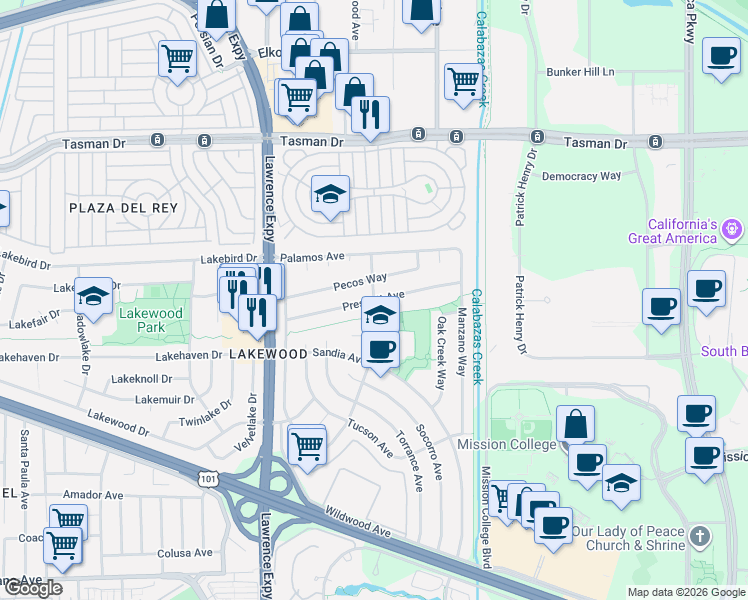 map of restaurants, bars, coffee shops, grocery stores, and more near 1187 Prescott Avenue in Sunnyvale