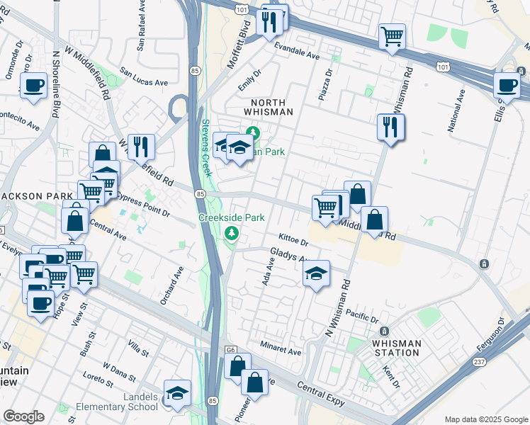 map of restaurants, bars, coffee shops, grocery stores, and more near 290 Tyrella Avenue in Mountain View