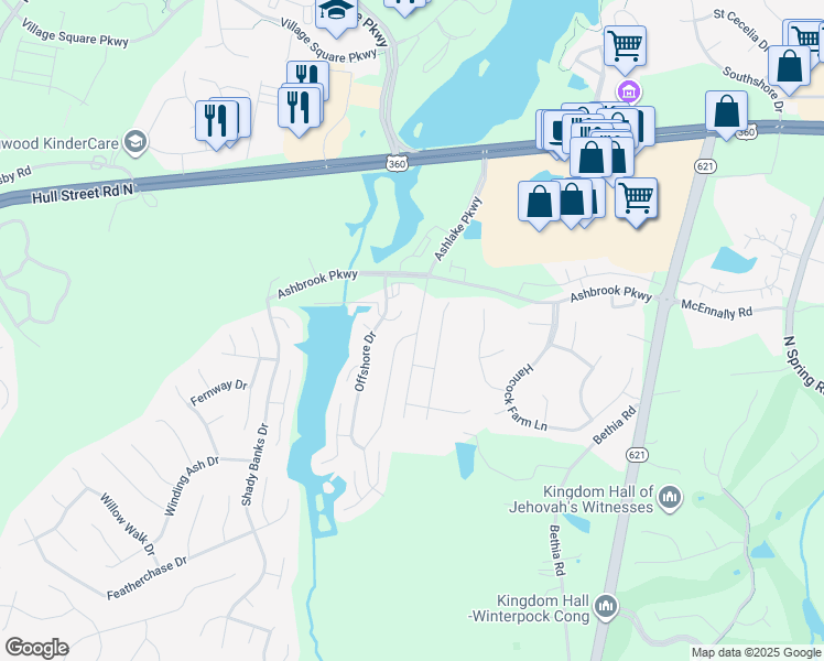 map of restaurants, bars, coffee shops, grocery stores, and more near 14607 Helmsman Court in Chesterfield