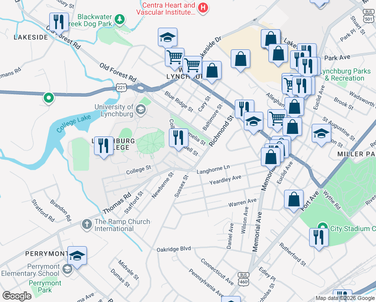 map of restaurants, bars, coffee shops, grocery stores, and more near 304 Bell Street in Lynchburg