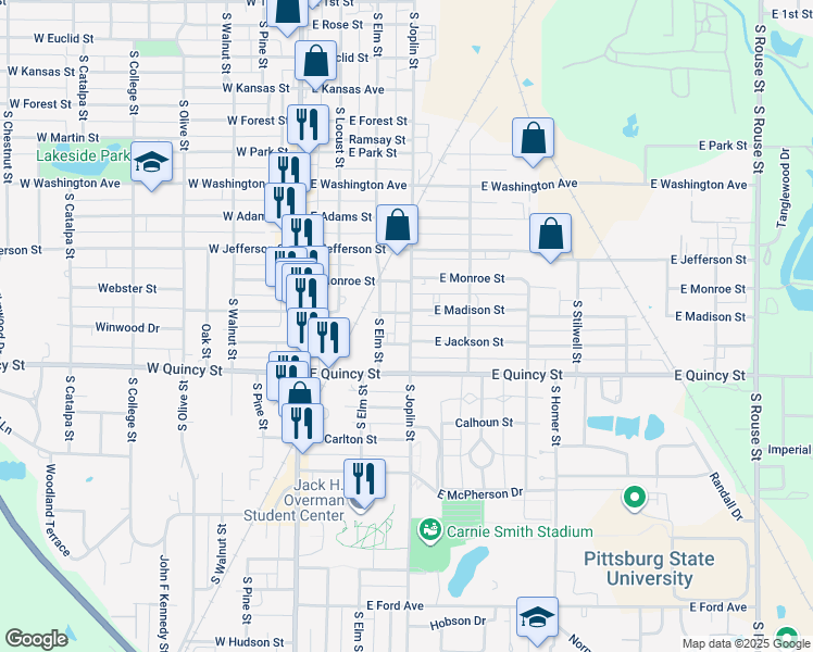 map of restaurants, bars, coffee shops, grocery stores, and more near 1106 South Joplin Street in Pittsburg