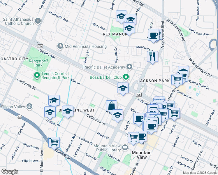 map of restaurants, bars, coffee shops, grocery stores, and more near 1600 Villa Street in Mountain View
