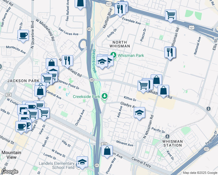 map of restaurants, bars, coffee shops, grocery stores, and more near 280 Easy Street in Mountain View