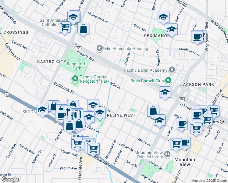 map of restaurants, bars, coffee shops, grocery stores, and more near 218 Higdon Avenue in Mountain View
