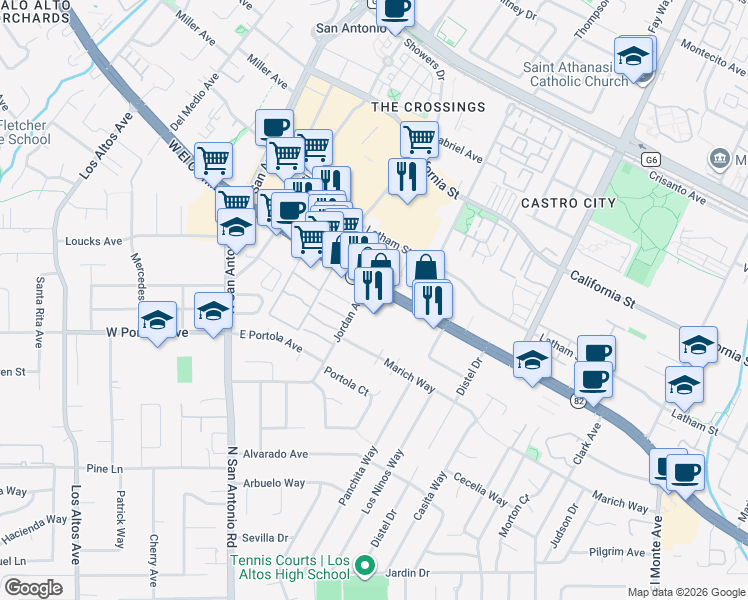 map of restaurants, bars, coffee shops, grocery stores, and more near 4916 California 82 in Mountain View
