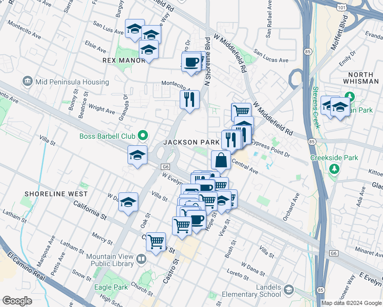 map of restaurants, bars, coffee shops, grocery stores, and more near 284 Elmwood Street in Mountain View