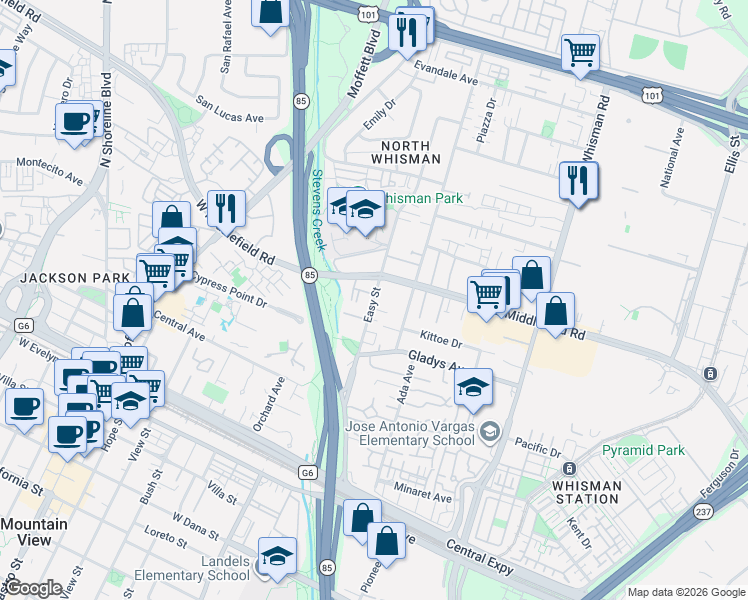 map of restaurants, bars, coffee shops, grocery stores, and more near Easy Street in Mountain View
