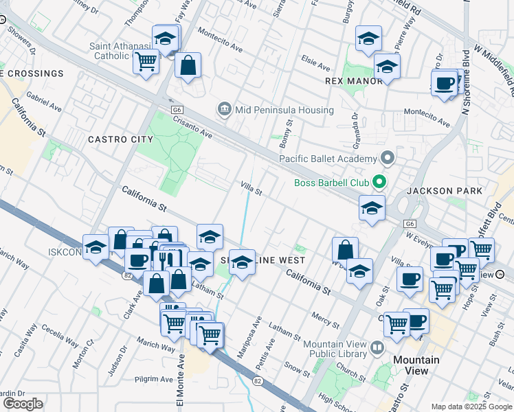 map of restaurants, bars, coffee shops, grocery stores, and more near 236 Higdon Avenue in Mountain View