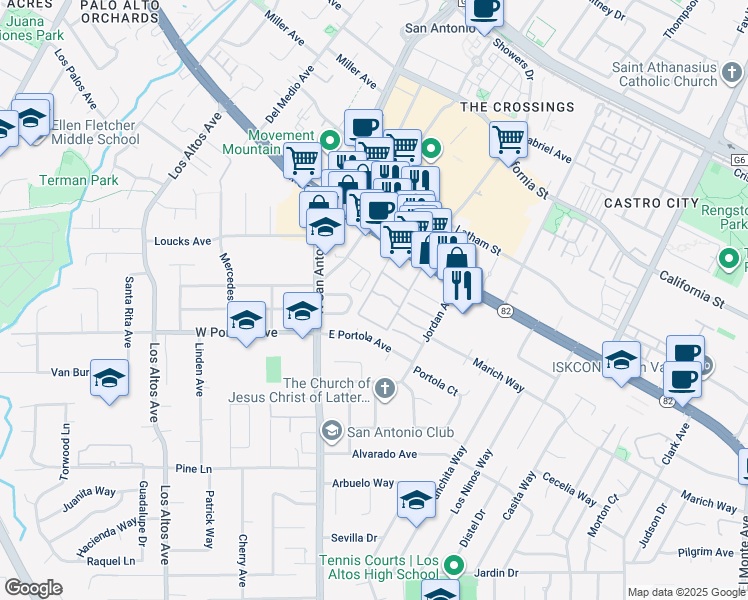 map of restaurants, bars, coffee shops, grocery stores, and more near 32 Los Altos Square in Los Altos