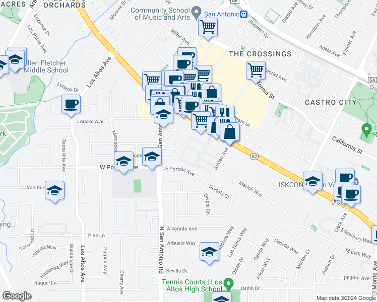 map of restaurants, bars, coffee shops, grocery stores, and more near 32 Los Altos Square in Los Altos
