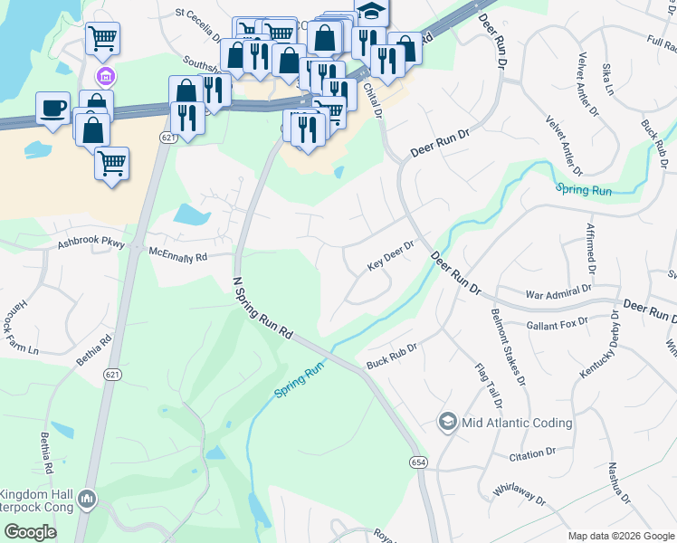 map of restaurants, bars, coffee shops, grocery stores, and more near 7218 Roedeer Drive in Midlothian