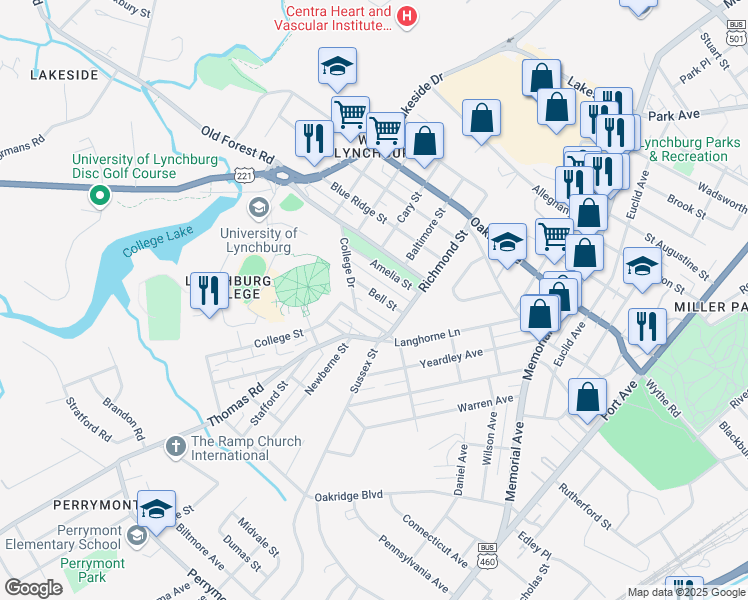 map of restaurants, bars, coffee shops, grocery stores, and more near 257 Bell Street in Lynchburg