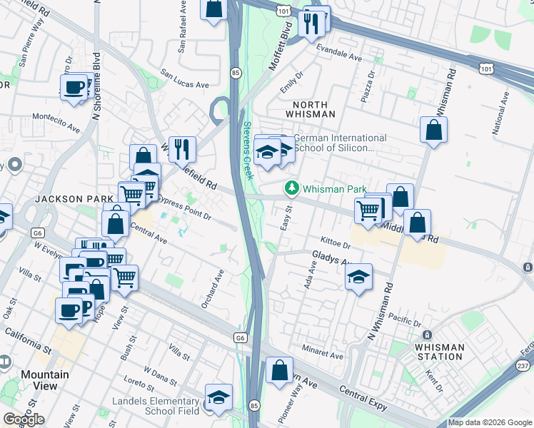 map of restaurants, bars, coffee shops, grocery stores, and more near East Middlefield Road in Mountain View