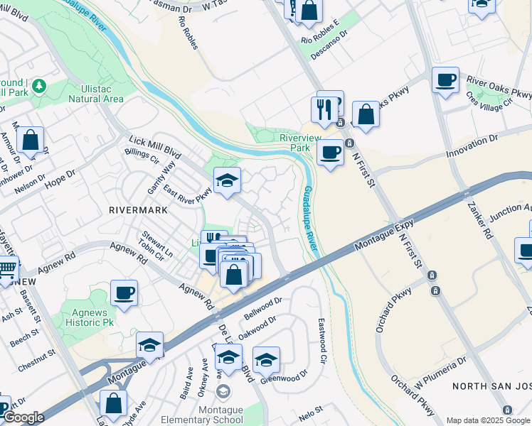 map of restaurants, bars, coffee shops, grocery stores, and more near 496 Mansion Park Drive in Santa Clara