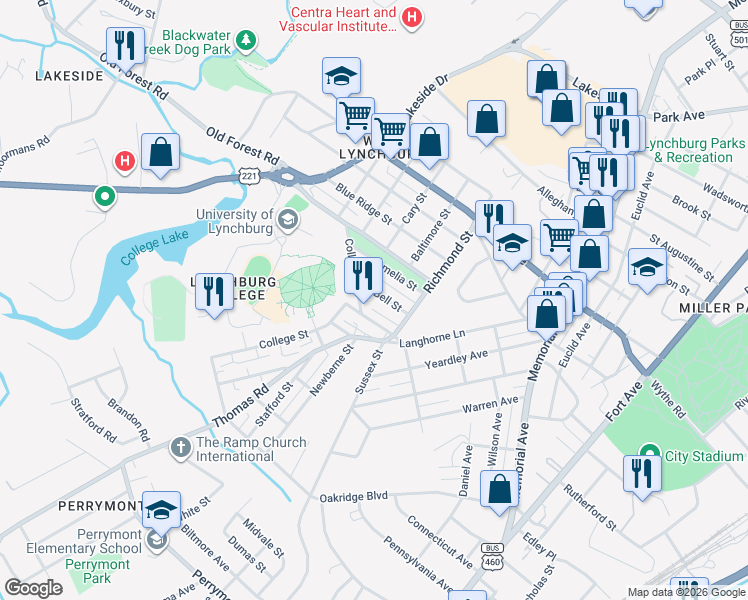 map of restaurants, bars, coffee shops, grocery stores, and more near 1 College Dr in Lynchburg
