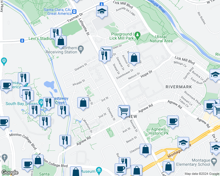map of restaurants, bars, coffee shops, grocery stores, and more near 2143 Kingsbury Circle in Santa Clara