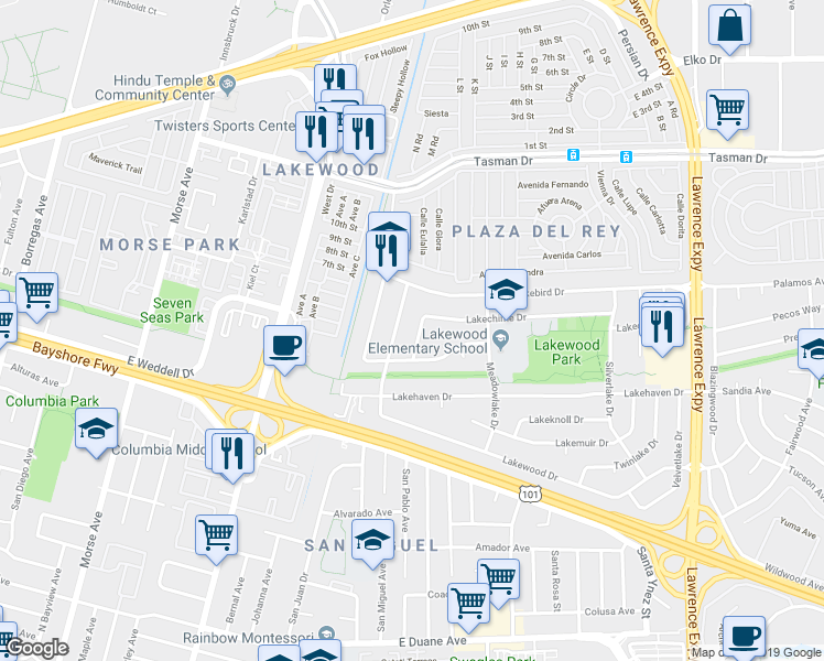 map of restaurants, bars, coffee shops, grocery stores, and more near 321 Lakechime Drive in Sunnyvale