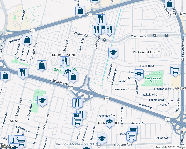 map of restaurants, bars, coffee shops, grocery stores, and more near 186 Avenue A in Sunnyvale
