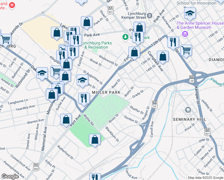 map of restaurants, bars, coffee shops, grocery stores, and more near 1301 Kimball Avenue in Lynchburg