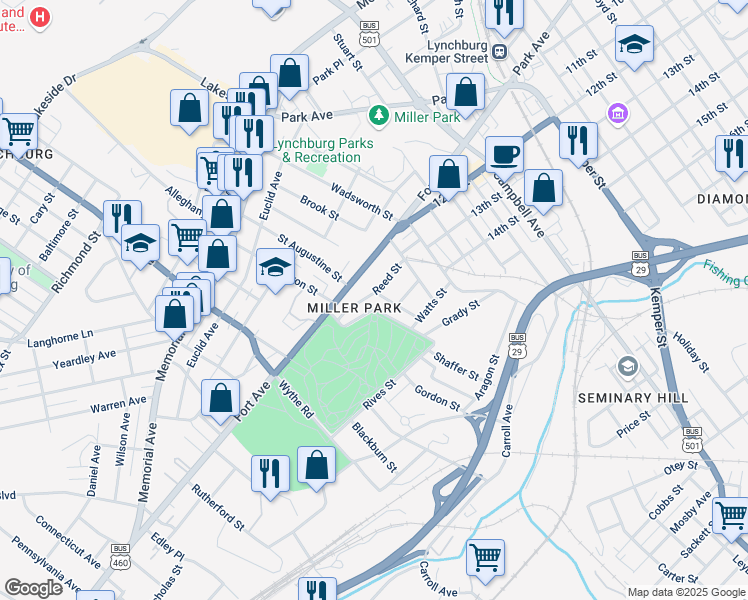 map of restaurants, bars, coffee shops, grocery stores, and more near 1301 Kimball Avenue in Lynchburg