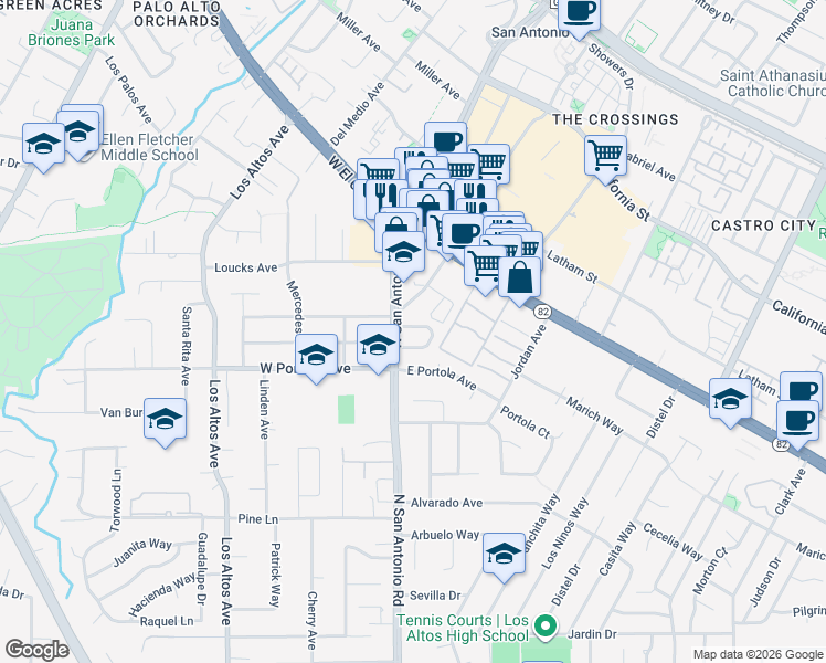 map of restaurants, bars, coffee shops, grocery stores, and more near 87 Chester Circle in Los Altos
