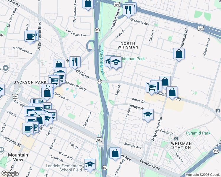 map of restaurants, bars, coffee shops, grocery stores, and more near 280 Easy Street in Mountain View