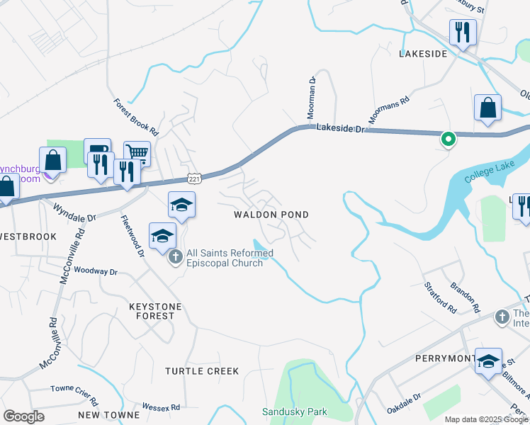 map of restaurants, bars, coffee shops, grocery stores, and more near 1400 Weeping Willow Drive in Lynchburg