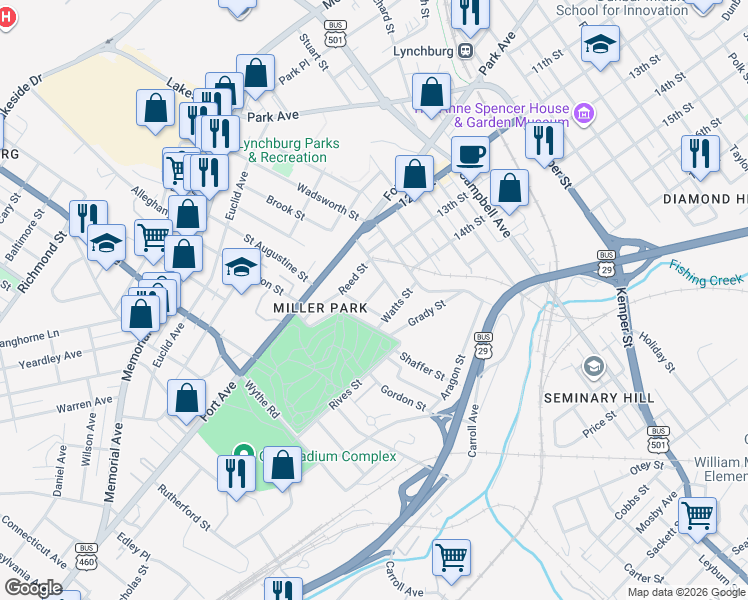 map of restaurants, bars, coffee shops, grocery stores, and more near 15 Beverly Street in Lynchburg