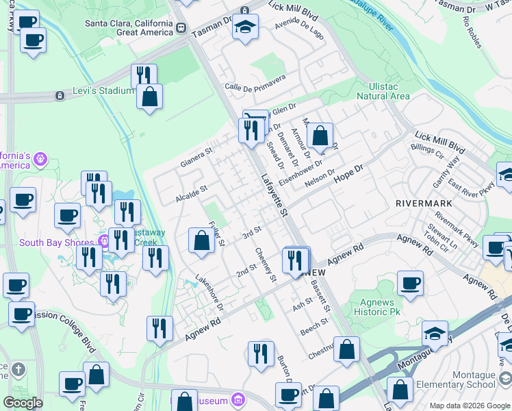 map of restaurants, bars, coffee shops, grocery stores, and more near 2143 Kingsbury Circle in Santa Clara