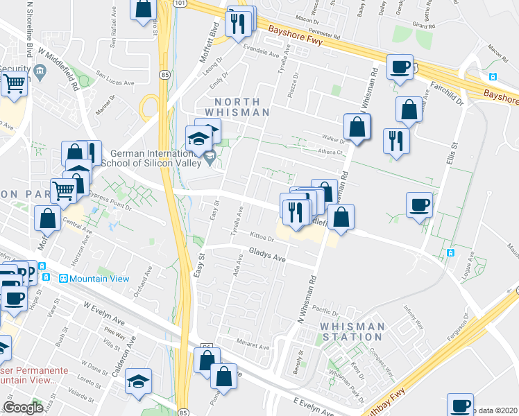 map of restaurants, bars, coffee shops, grocery stores, and more near 100 East Middlefield Road in Mountain View