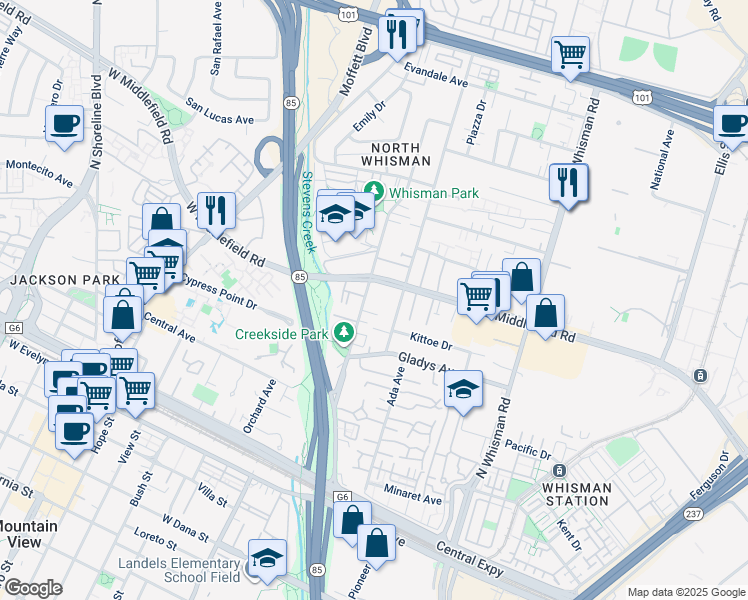map of restaurants, bars, coffee shops, grocery stores, and more near 290 Tyrella Avenue in Mountain View