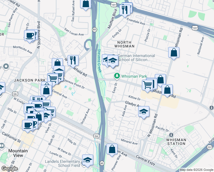map of restaurants, bars, coffee shops, grocery stores, and more near East Middlefield Road in Mountain View