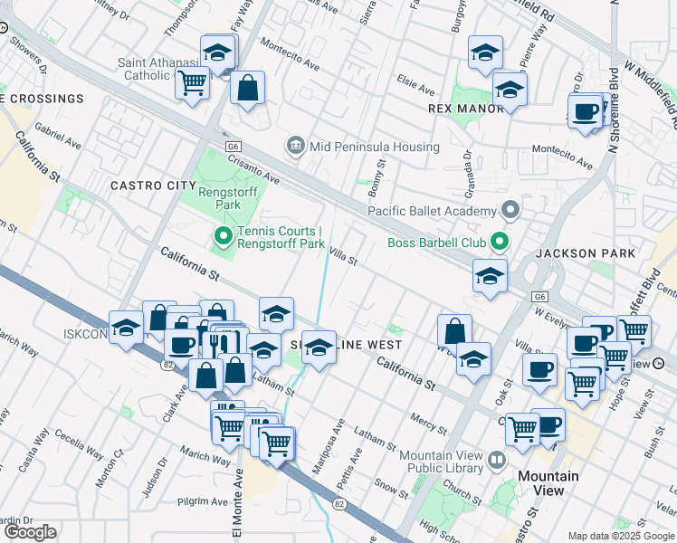 map of restaurants, bars, coffee shops, grocery stores, and more near 218 Higdon Avenue in Mountain View