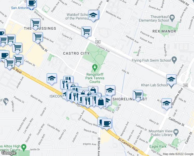 map of restaurants, bars, coffee shops, grocery stores, and more near 2010 California Street in Mountain View