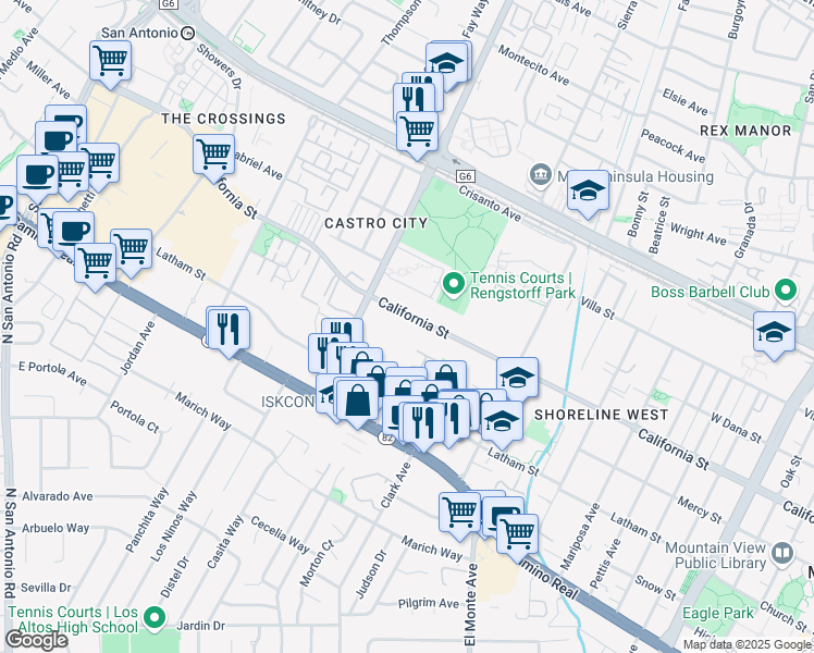 map of restaurants, bars, coffee shops, grocery stores, and more near 2025 California Street in Mountain View