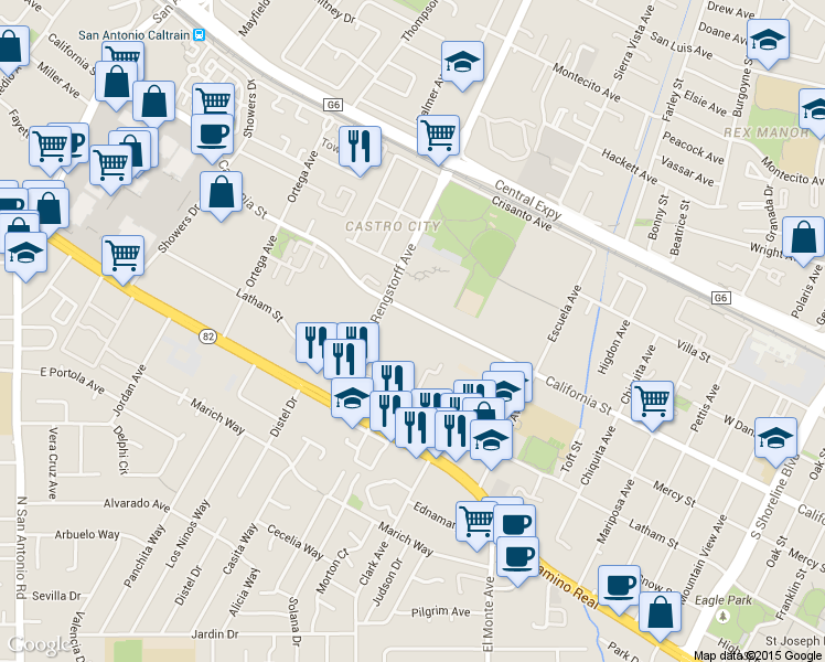 map of restaurants, bars, coffee shops, grocery stores, and more near 2025 California Street in Mountain View