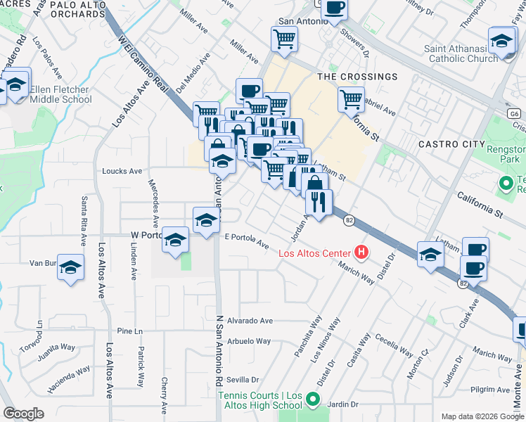 map of restaurants, bars, coffee shops, grocery stores, and more near 33 Los Altos Square in Los Altos
