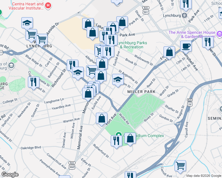 map of restaurants, bars, coffee shops, grocery stores, and more near 500-598 Mansfield Ave in Lynchburg