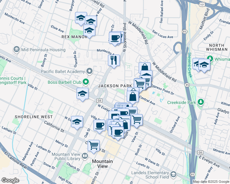 map of restaurants, bars, coffee shops, grocery stores, and more near 284 Elmwood Street in Mountain View