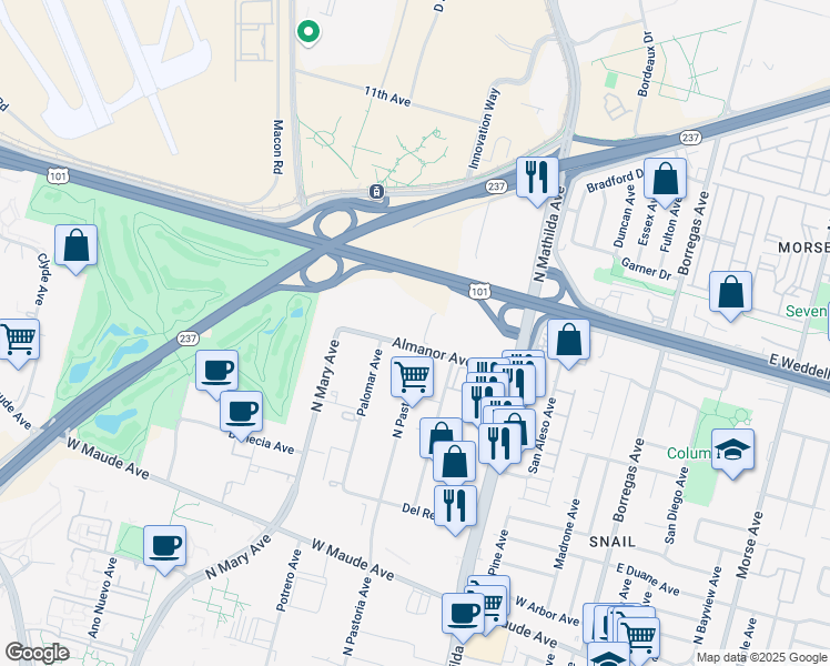 map of restaurants, bars, coffee shops, grocery stores, and more near 675 Almanor Avenue in Sunnyvale