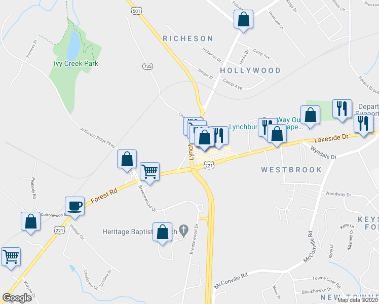 map of restaurants, bars, coffee shops, grocery stores, and more near 7612 Old Forest Road in Lynchburg