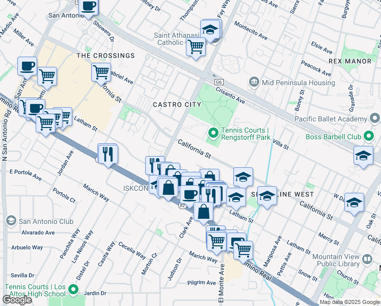 map of restaurants, bars, coffee shops, grocery stores, and more near 2025 California Street in Mountain View