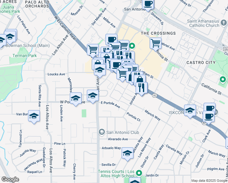 map of restaurants, bars, coffee shops, grocery stores, and more near 33 Los Altos Square in Los Altos