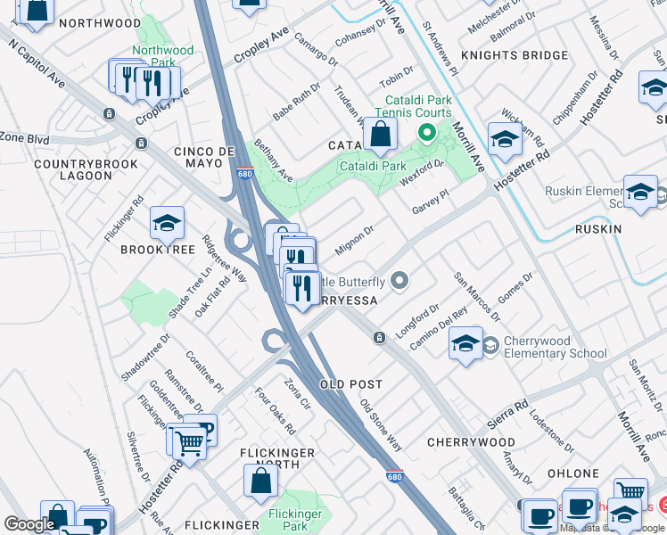 map of restaurants, bars, coffee shops, grocery stores, and more near 1638 Peachwood Drive in San Jose