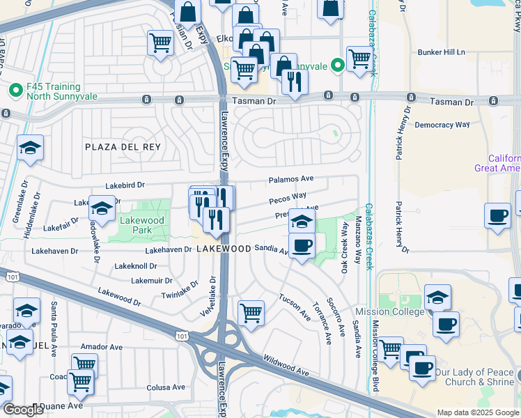 map of restaurants, bars, coffee shops, grocery stores, and more near 1138 Pecos Way in Sunnyvale