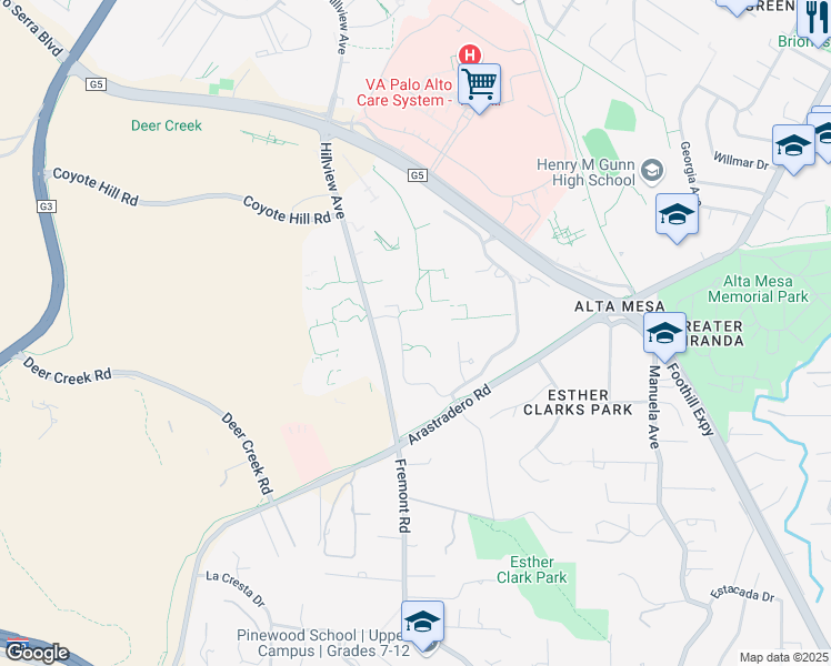 map of restaurants, bars, coffee shops, grocery stores, and more near 3427 Hillview Avenue in Palo Alto